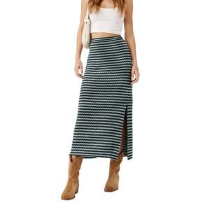 Free People Knit Midi Skirt S Green Black Striped Side Slit Textured Boho